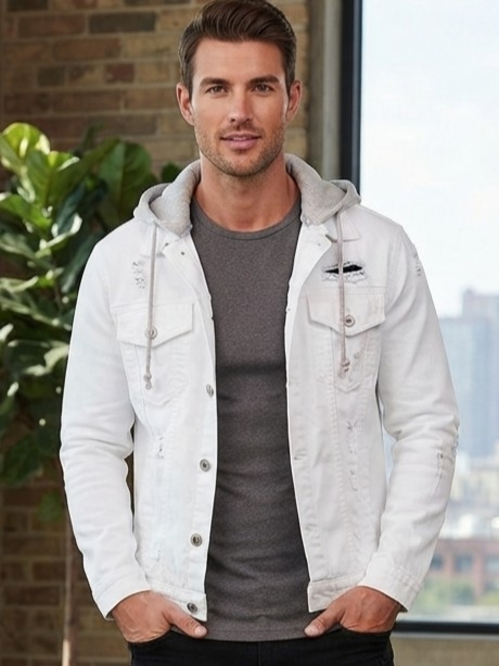 Guess White Hooded Distressed Denim Jacket with Gray Lining Size L